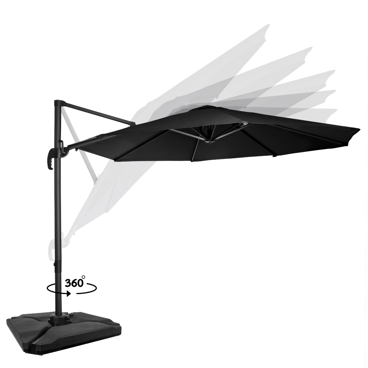 Een zwarte parasol voor op het terras, getoond in meerdere open posities op witte achtergrond.