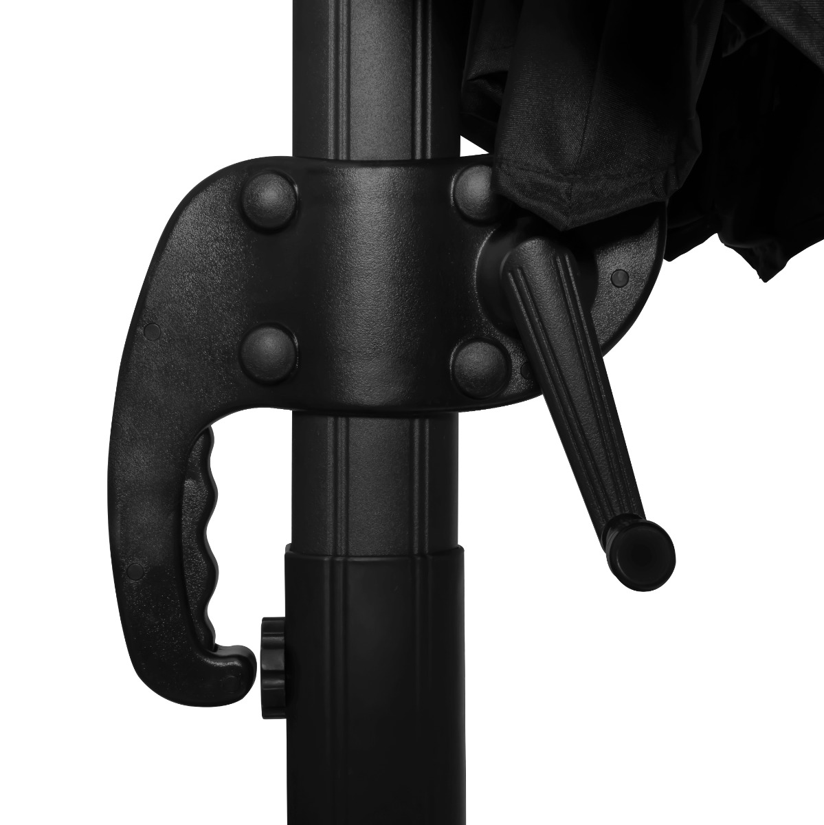 Close-up van een zwart parasolmechanisme met zwengel en handvat.