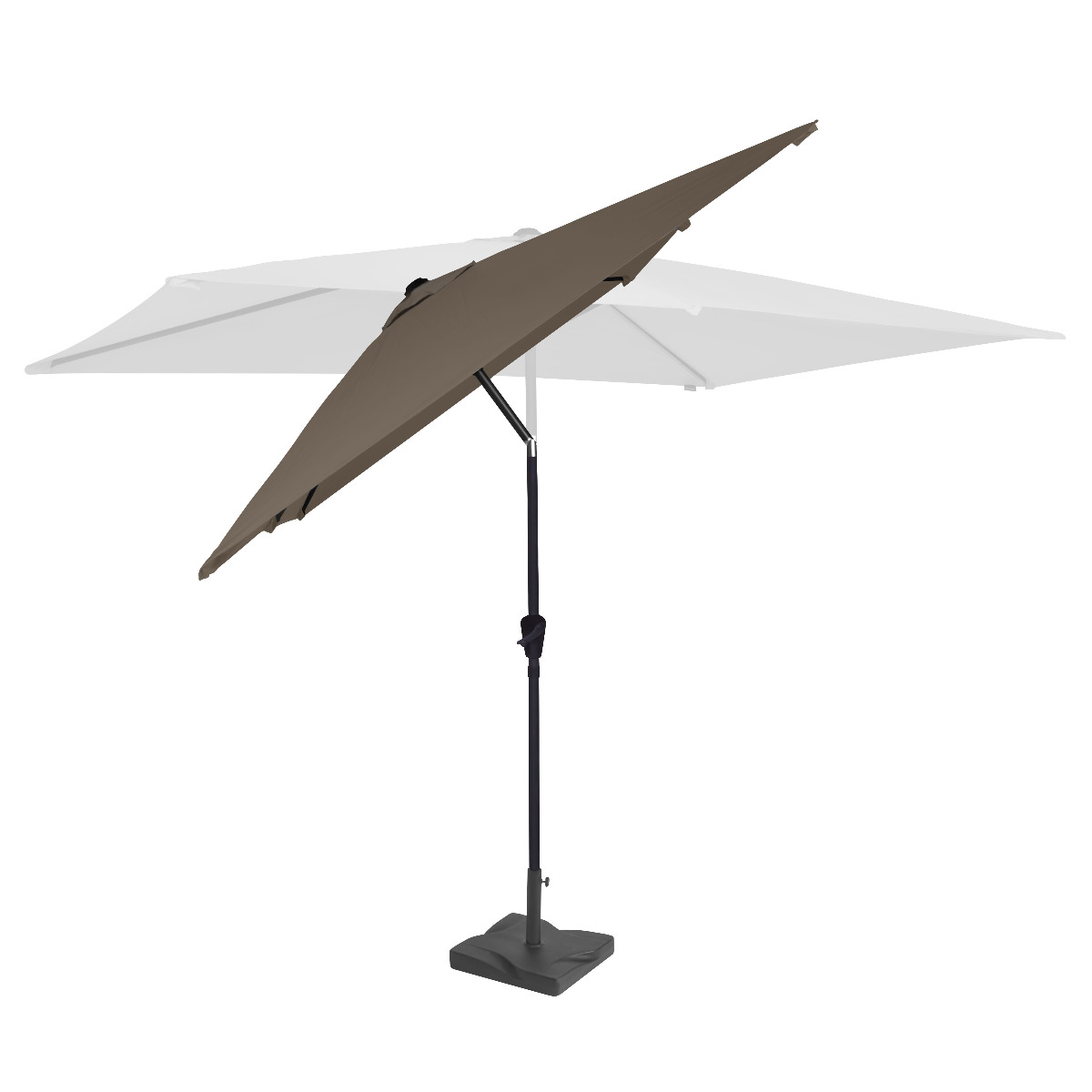 A brown umbrella with a dark pole and base, tilted slightly.