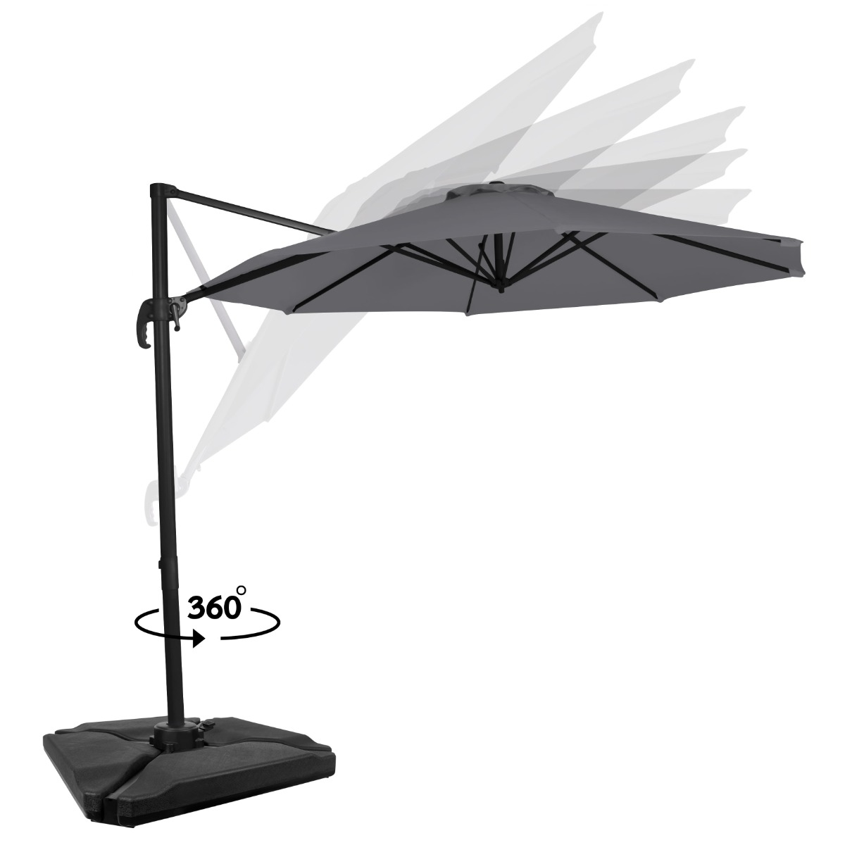Grijze zweefparasol met voet, 360 graden draaibaar.