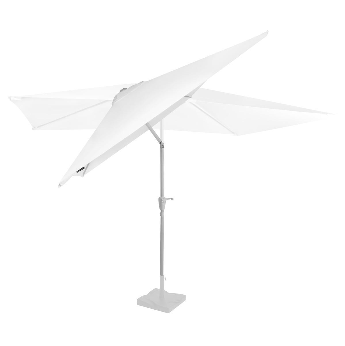 Een witte parasol met rechthoekige kap en grijze standaard.