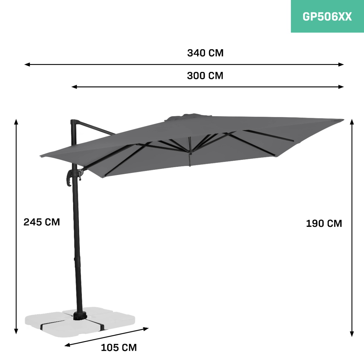 Grijze zweefparasol met zwarte paal en voet. Afmetingen aangegeven.