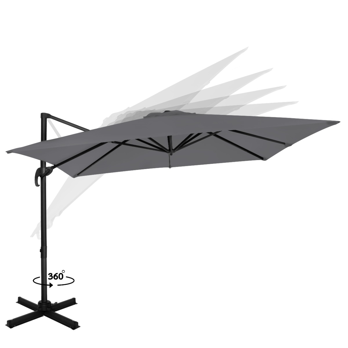 Grijze zweefparasol met zwart frame op witte achtergrond.