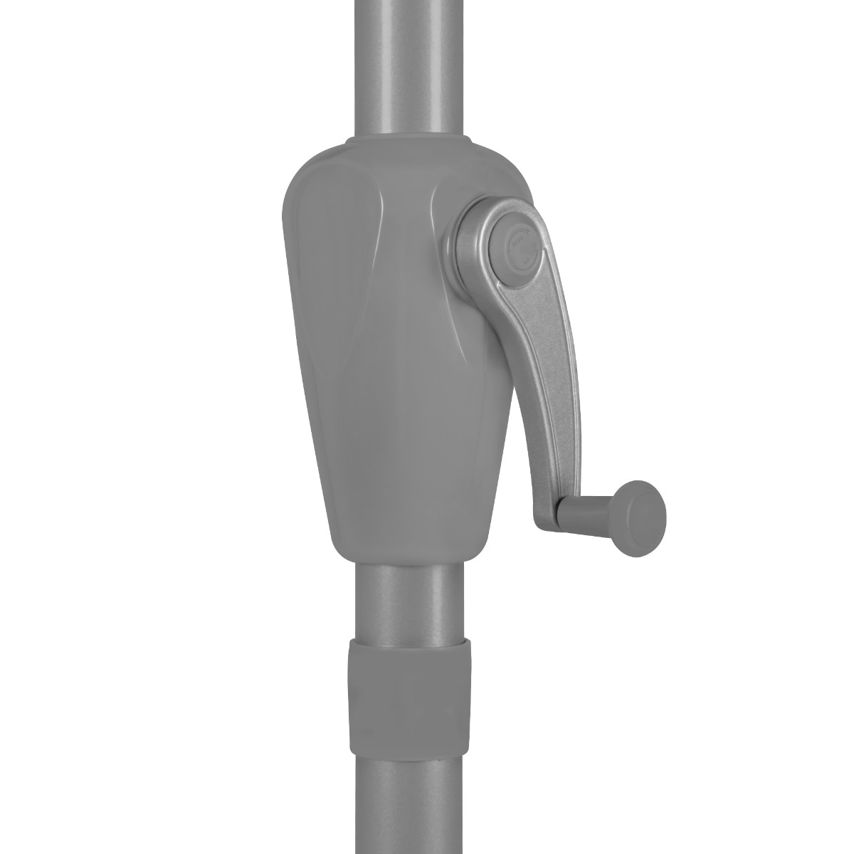Grijze parasol-slinger mechanisme met handvat en riem.