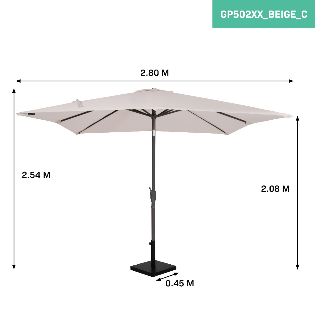 Beige parasol met zwart onderstel en afmetingen.
