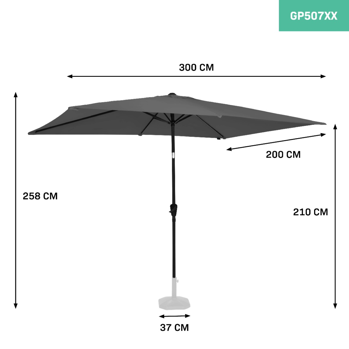 A grey umbrella, 300 cm wide, 258 cm high, 200 cm deep, with a base.