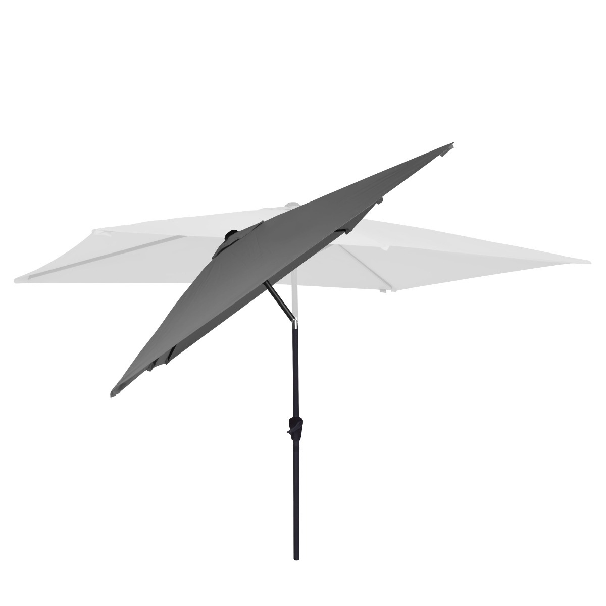 A grey parasol with a black frame in front of a white parasol.