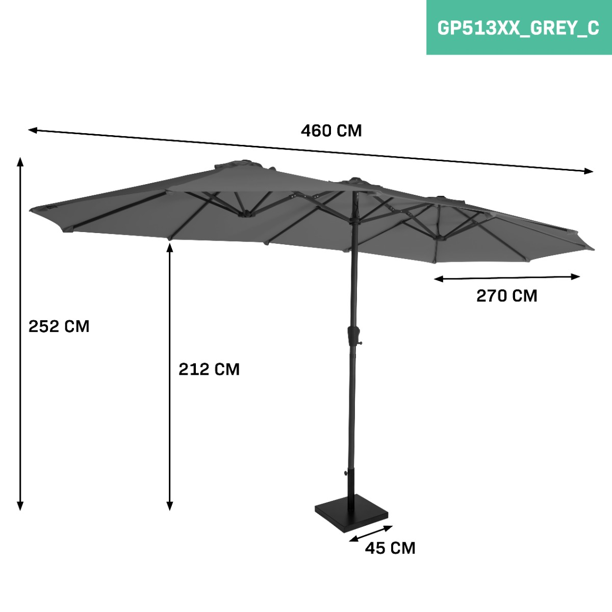 Grote grijze dubbele parasol met vierkante voet. Afmetingen getoond.
