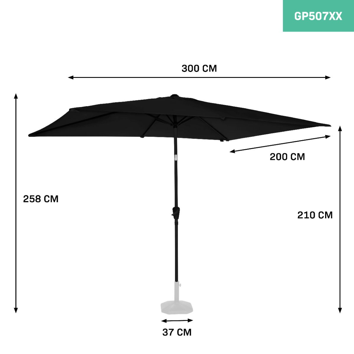 Een zwarte parasol met afmetingen: 300cm breed, 258cm hoog, 200cm diep, 210cm hoog, 37cm voet.