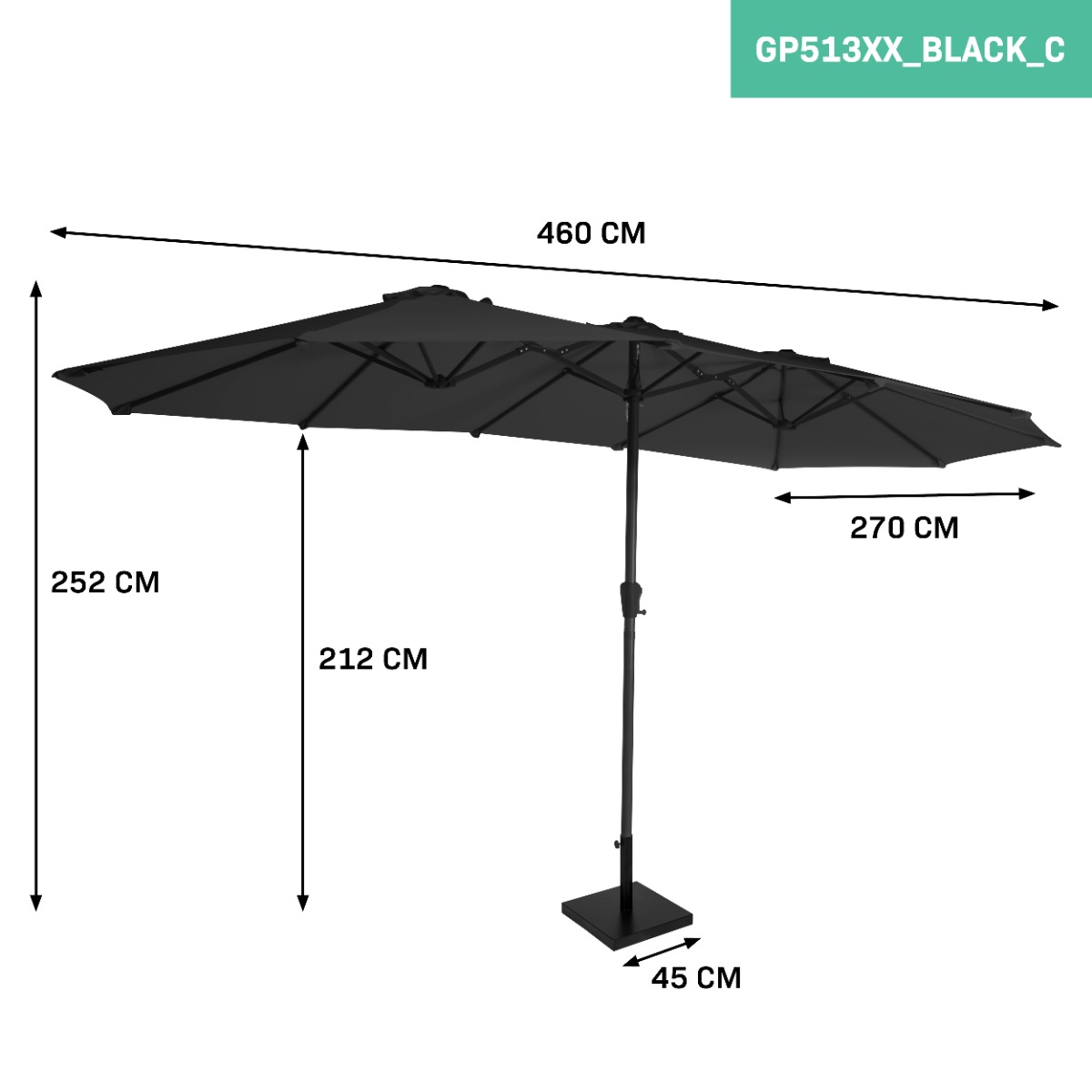 Een grote zwarte parasol met twee luifels, afmetingen getoond.