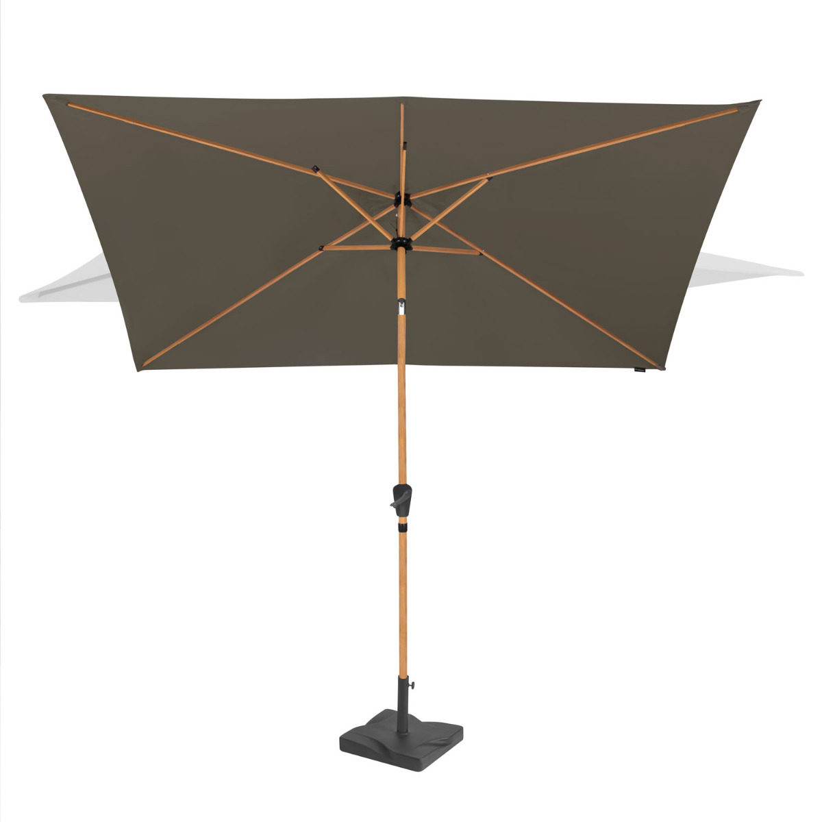 Brown rectangular umbrella with wooden ribs and dark base.