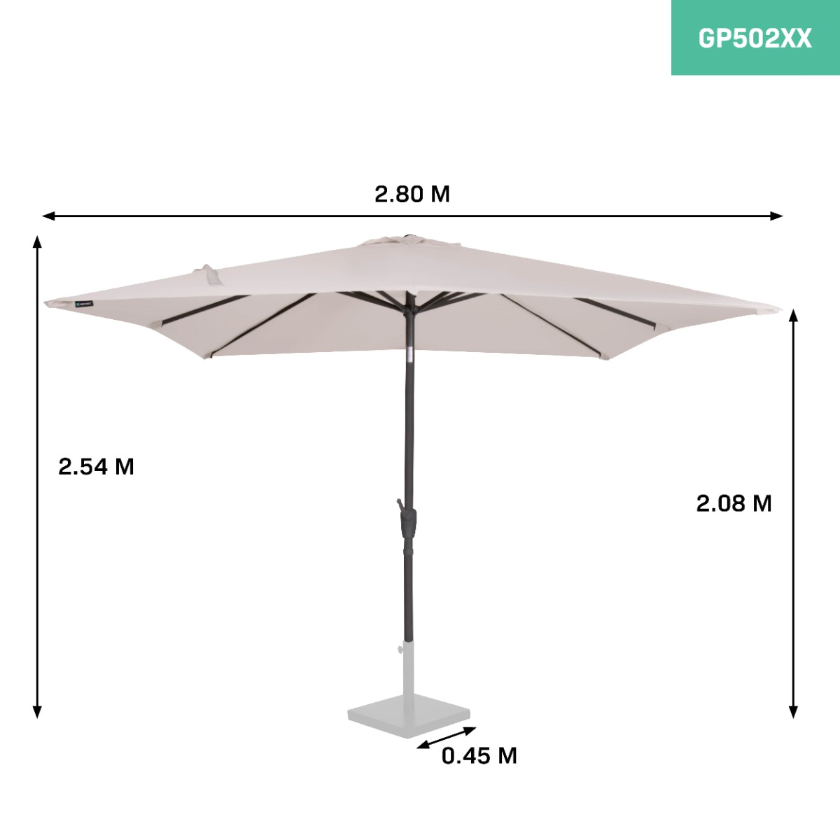Een beige paraplu met zwarte paal. Afmetingen: 2,80 M breed, 2,54 M hoog.