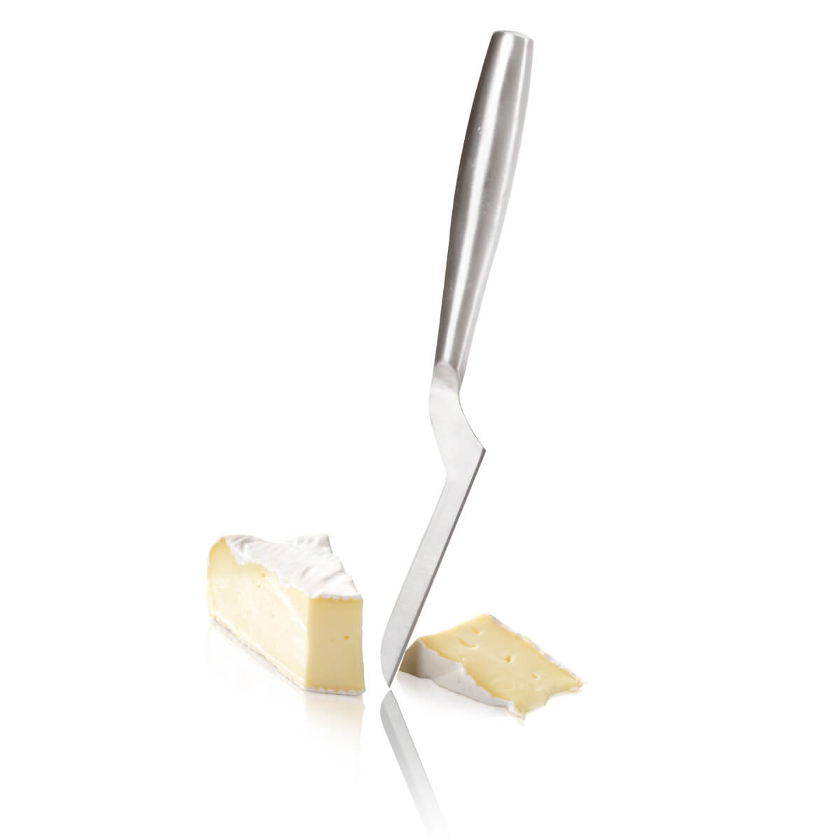 A wedge of cheese with white rind and yellow interior is being cut by a knife.