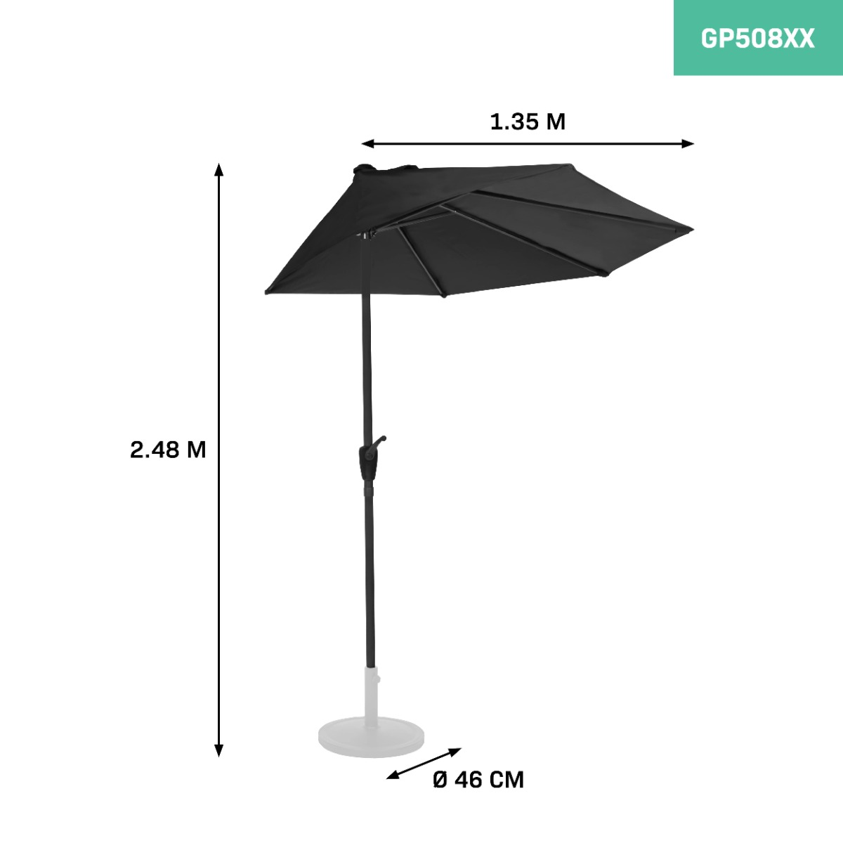 Een zwarte parasol met een breedte van 1,35 M en hoogte van 2,48 M op witte voet.