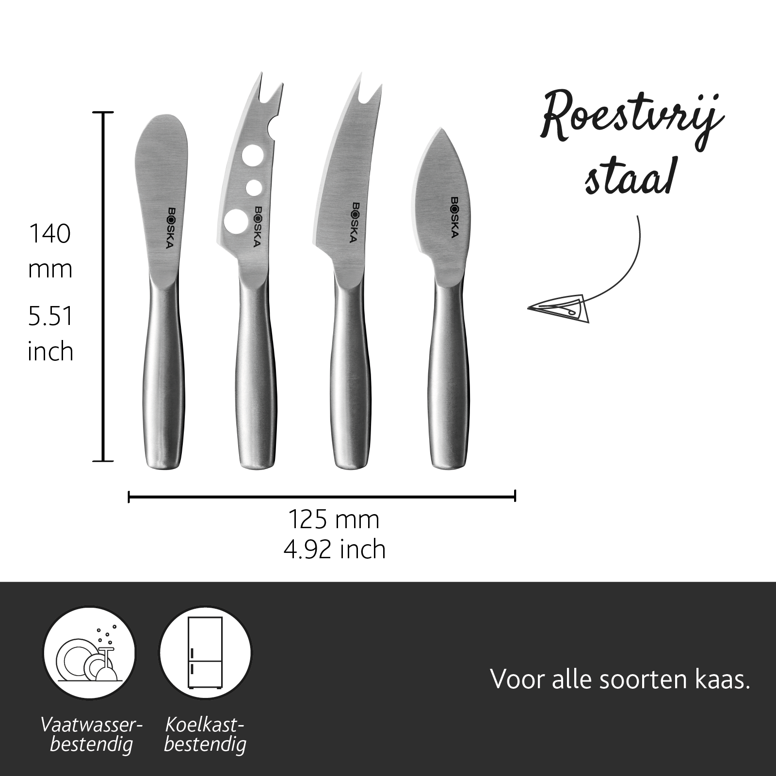 Four silver cheese knives with silver handles, alongside measurements.