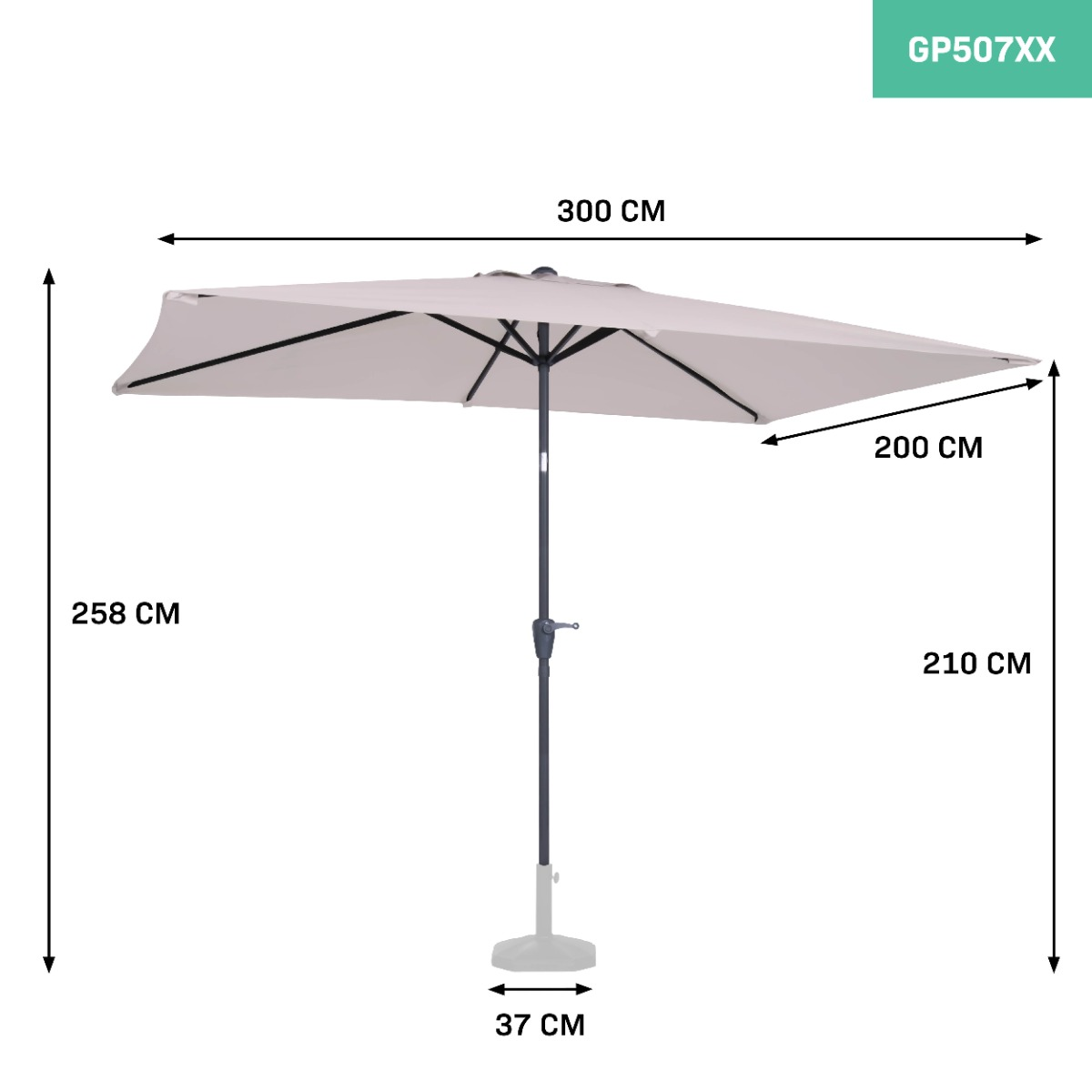 Een beige rechthoekige parasol met afmetingen (300x200x258) cm staat op een voet.
