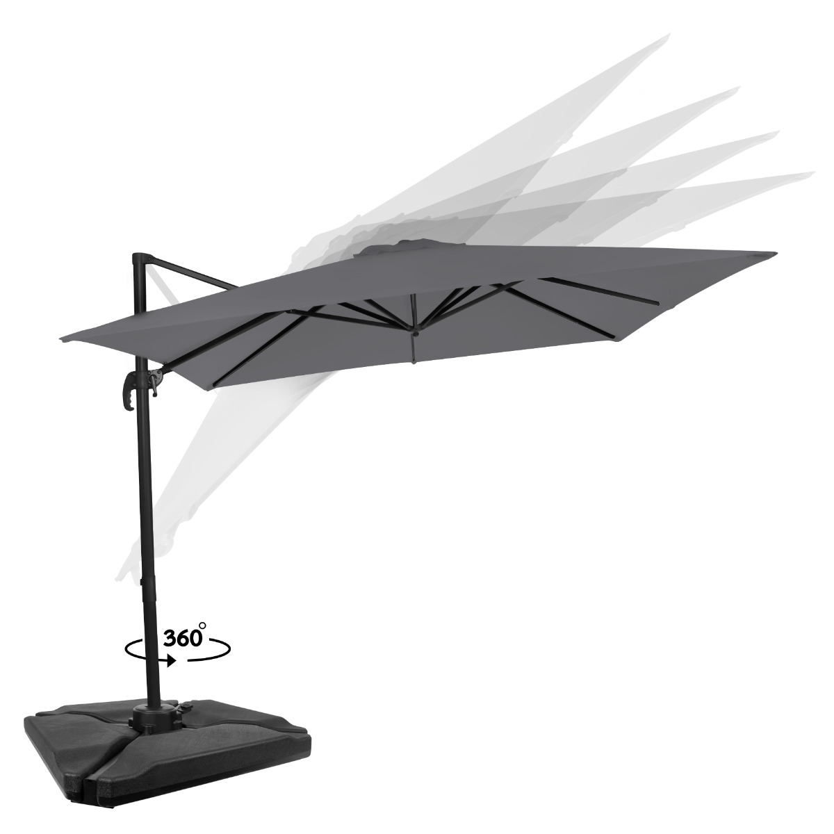 Een grijze zweefparasol met zwart frame, toont 360 graden rotatie.