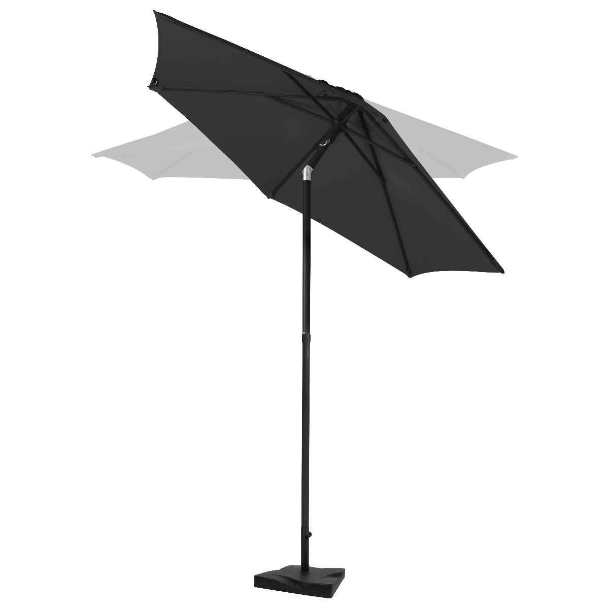 A black umbrella with a rectangular fabric canopy on a black stand.