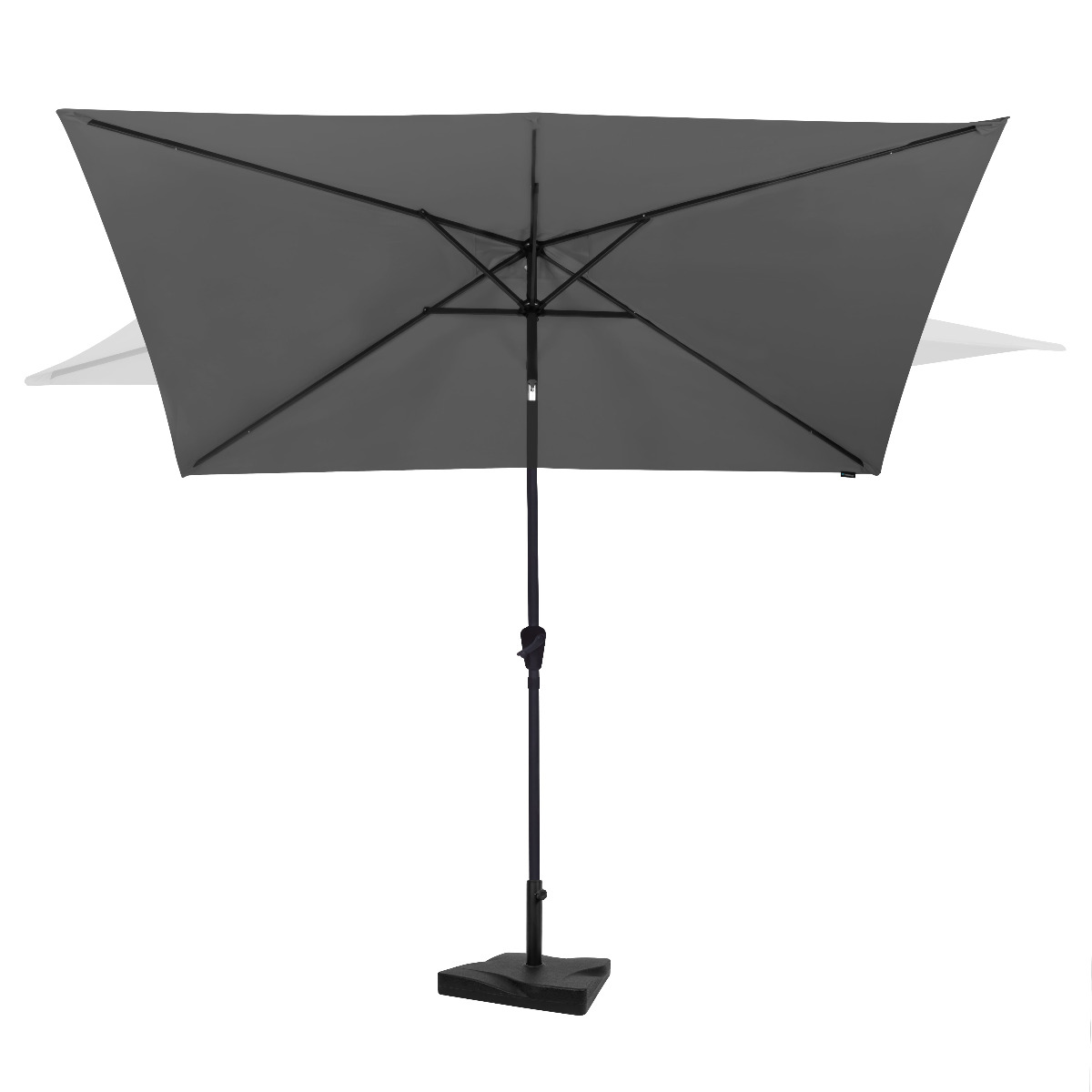 A rectangular grey patio umbrella with a black frame and base.