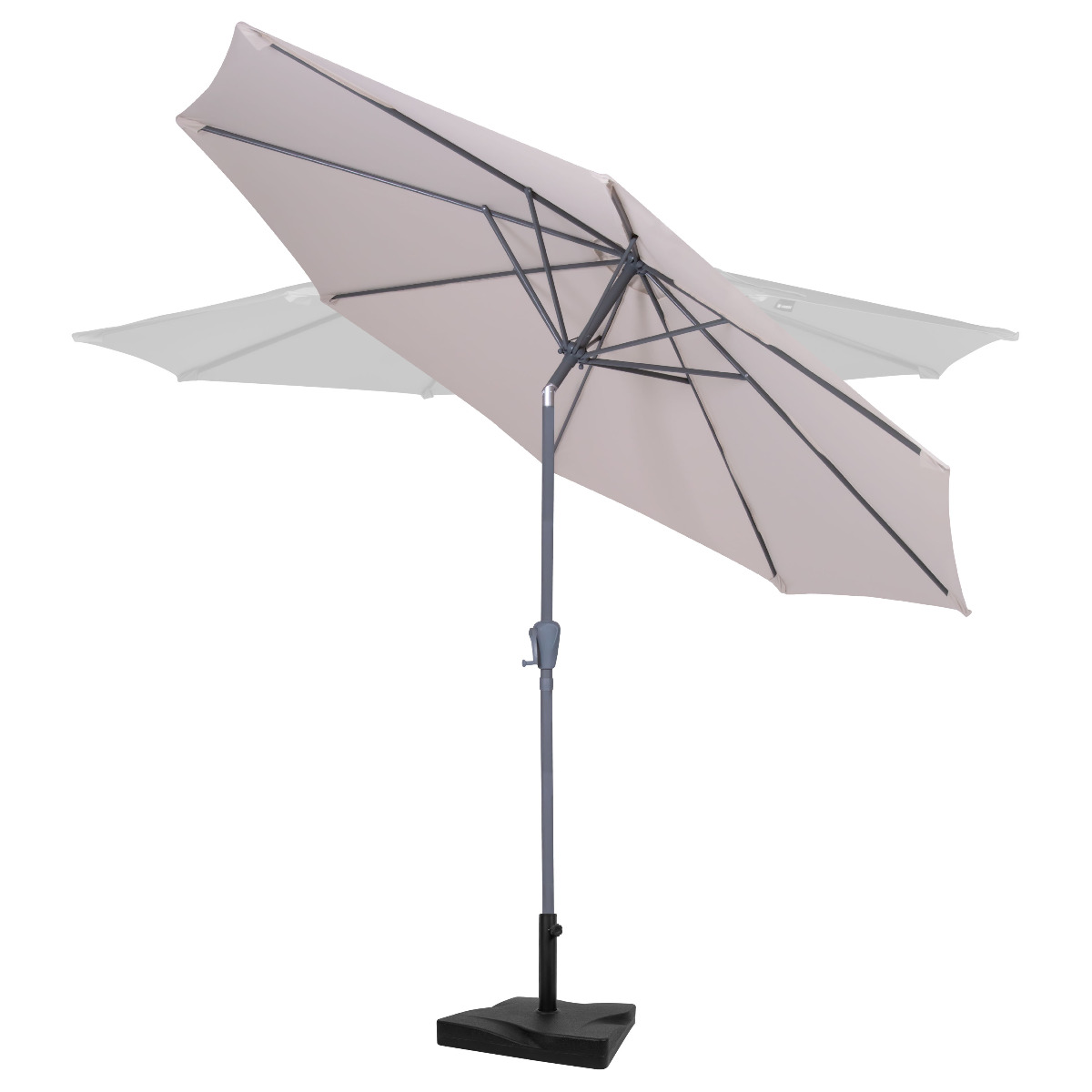 A light-colored patio umbrella with a gray frame and black base on a white background.