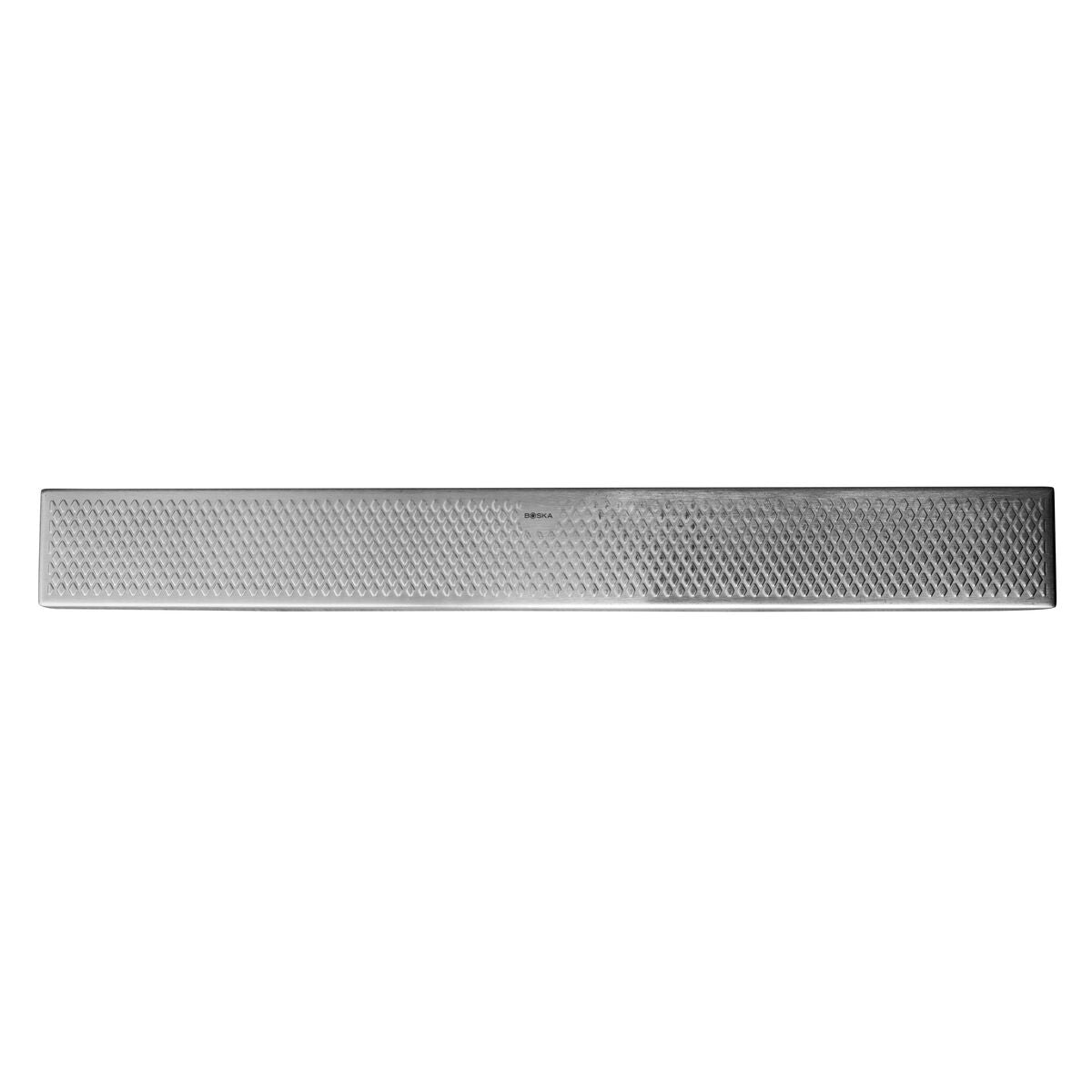 A long, narrow metal grater with a patterned surface and the brand name BOSKA.