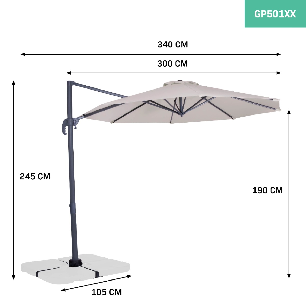 Een zweefparasol met beige doek, grijze paal en voet. Afmetingen getoond.