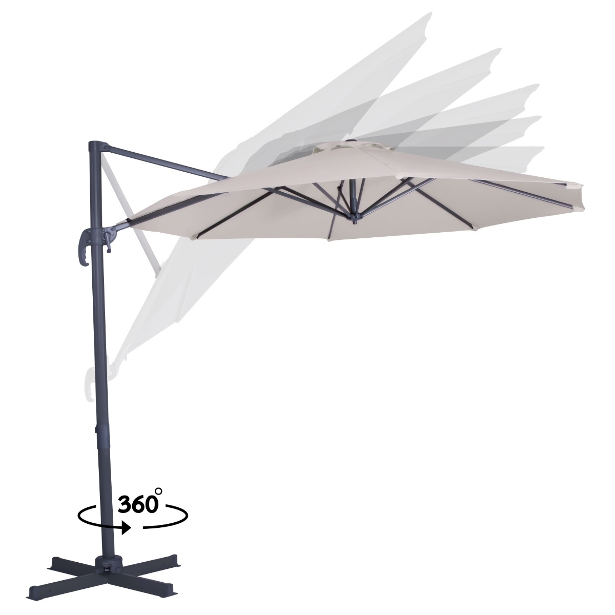 Een beige zweefparasol met donker frame op witte achtergrond, 360 graden draaibaar.
