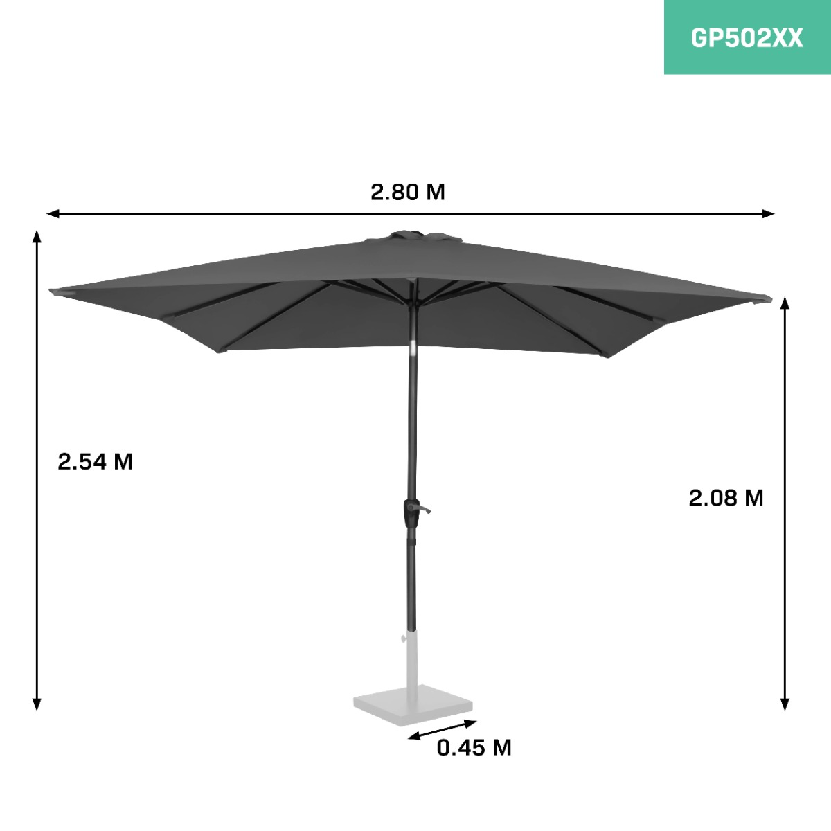 Een donkere, rechthoekige parasol met metalen voet. Afmetingen worden getoond.