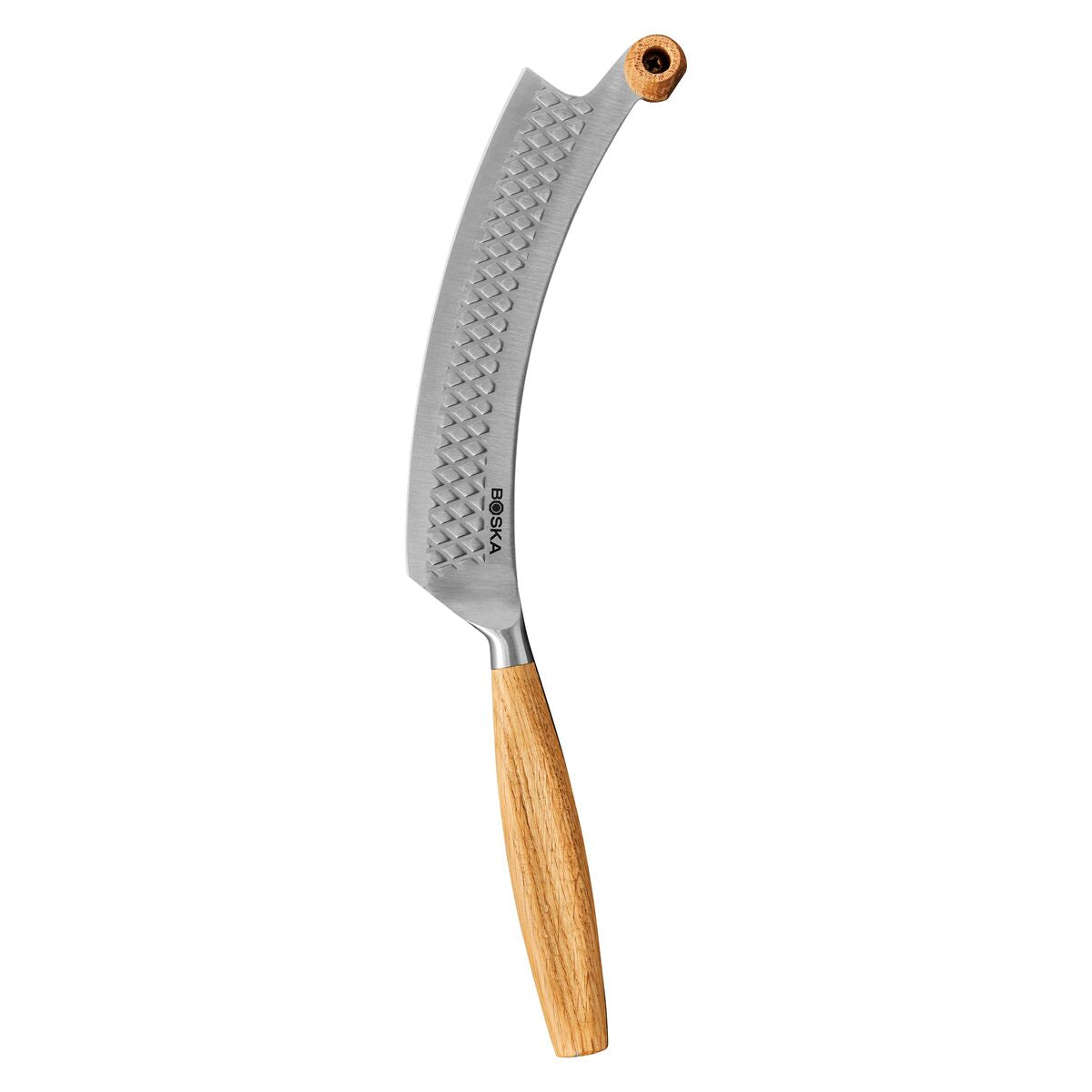 A curved cheese knife with a wooden handle and a hole at the end.