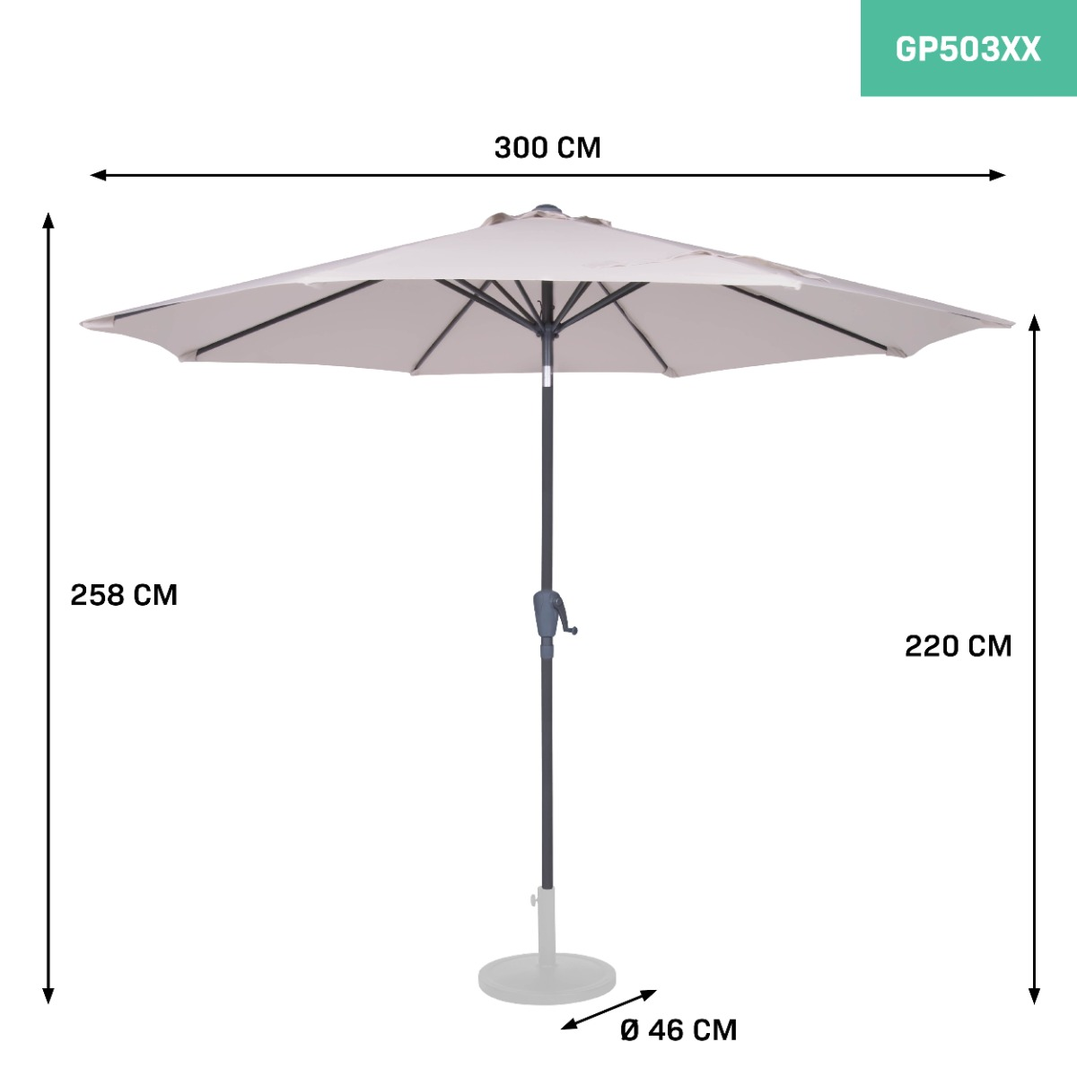 Een lichtgekleurde parasol met een diameter van 300 cm en een hoogte van 258 cm.