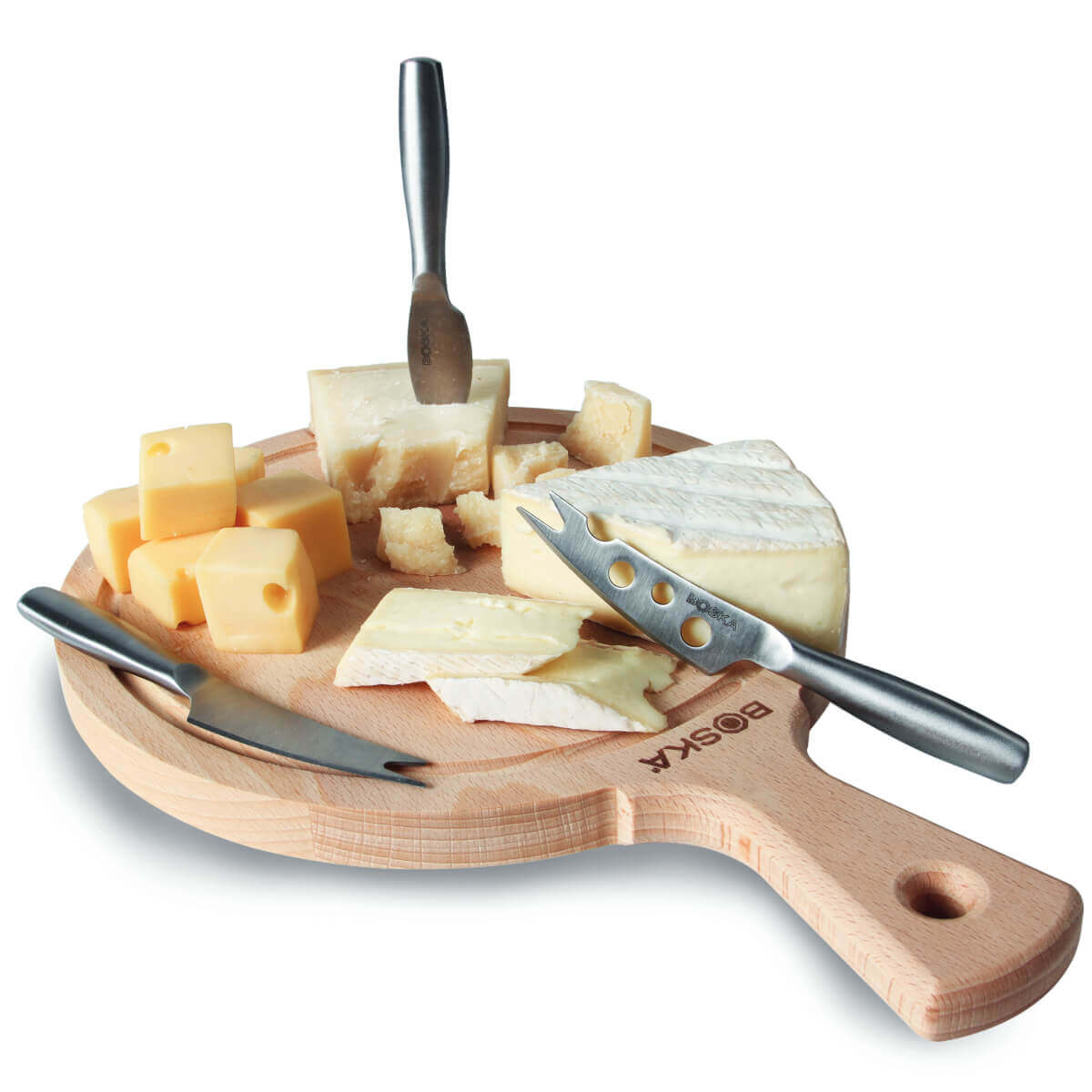 Assortment of cheeses on a wooden board with cheese knives.