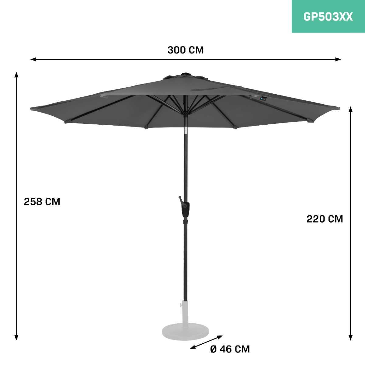 Een donkere parasol met afmetingen: 300cm breed, 258cm hoog, 220cm hoog, 46cm basisdiameter.