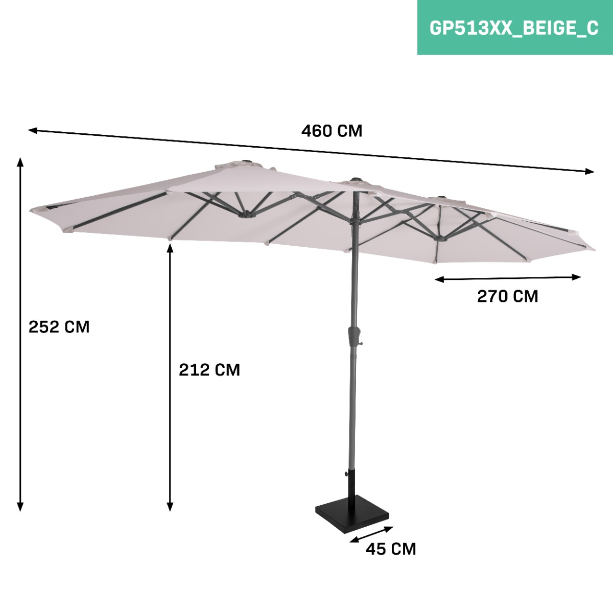 Grote beige dubbele parasol met metalen standaard en afmetingen.