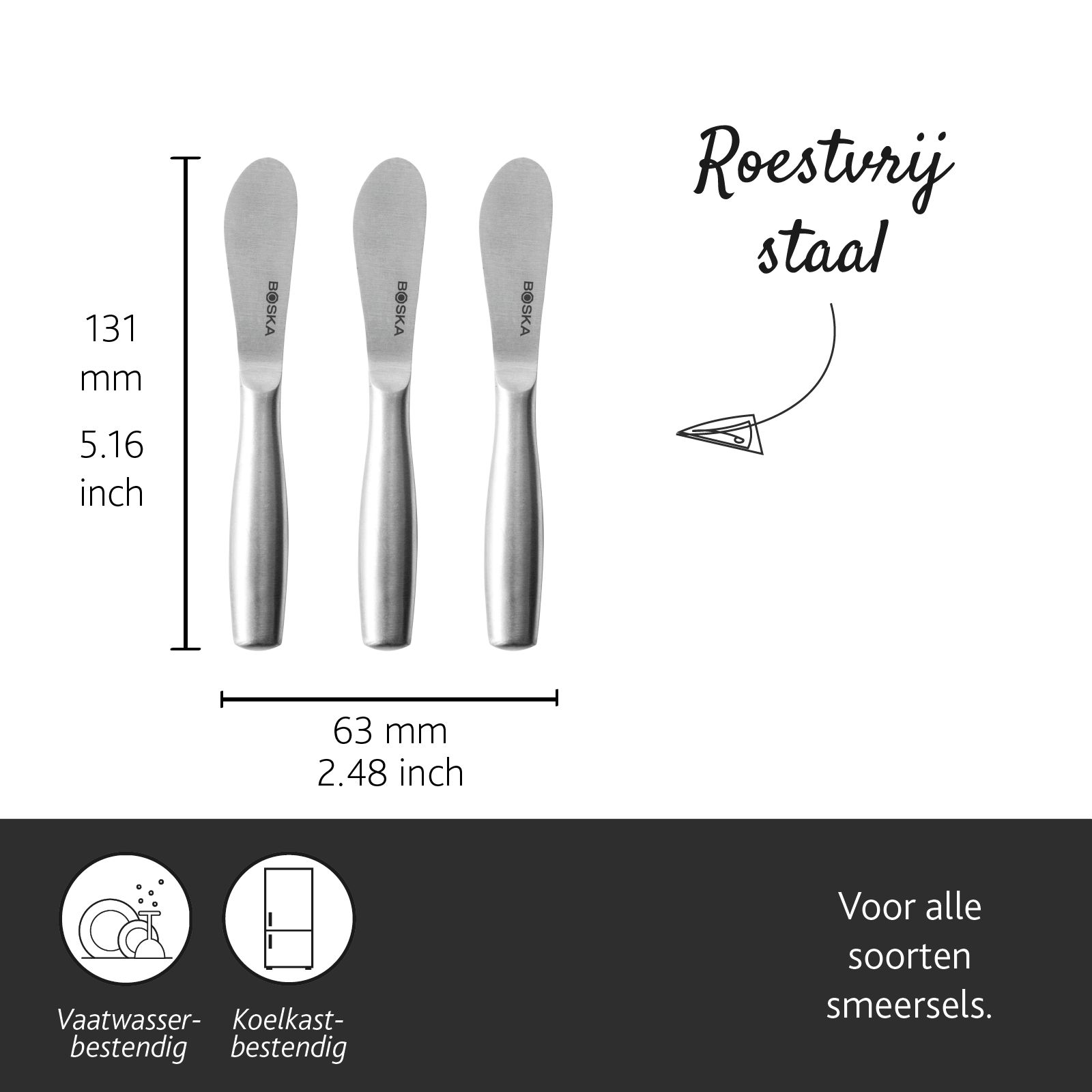 Three silver stainless steel butter knives, with dimensions shown.