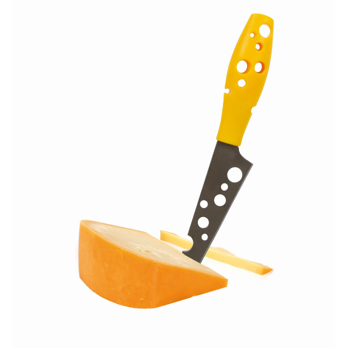A yellow cheese knife with holes is stuck in a piece of orange cheese.