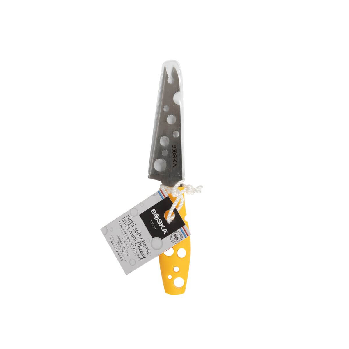 A yellow cheese knife with a silver blade featuring holes.