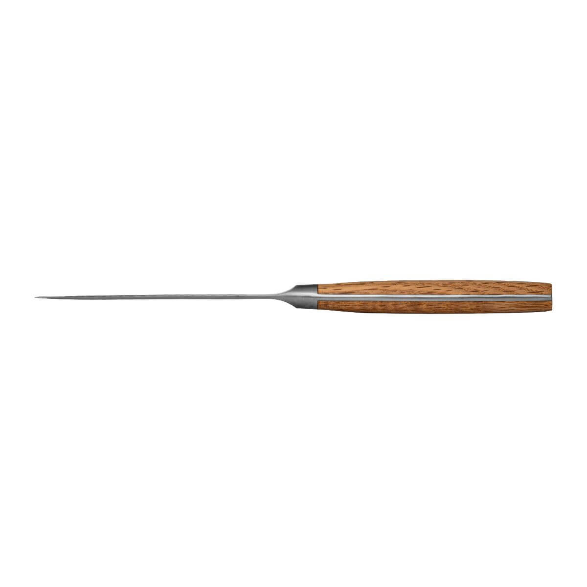 A knife with a wooden handle and a long, narrow blade.