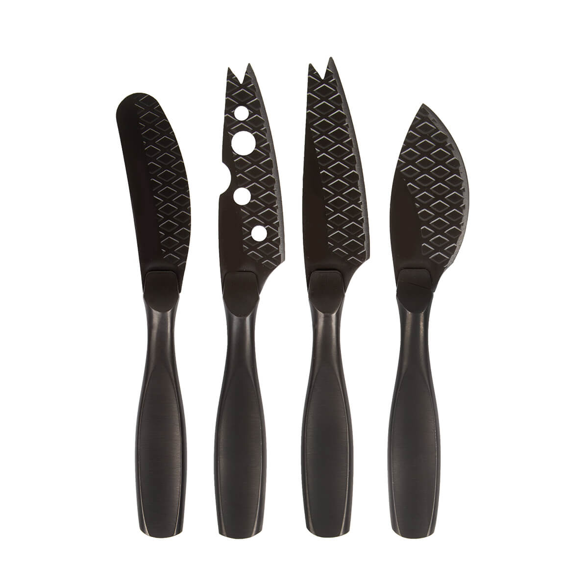 Four black cheese knives with diamond patterns and varied blade shapes.