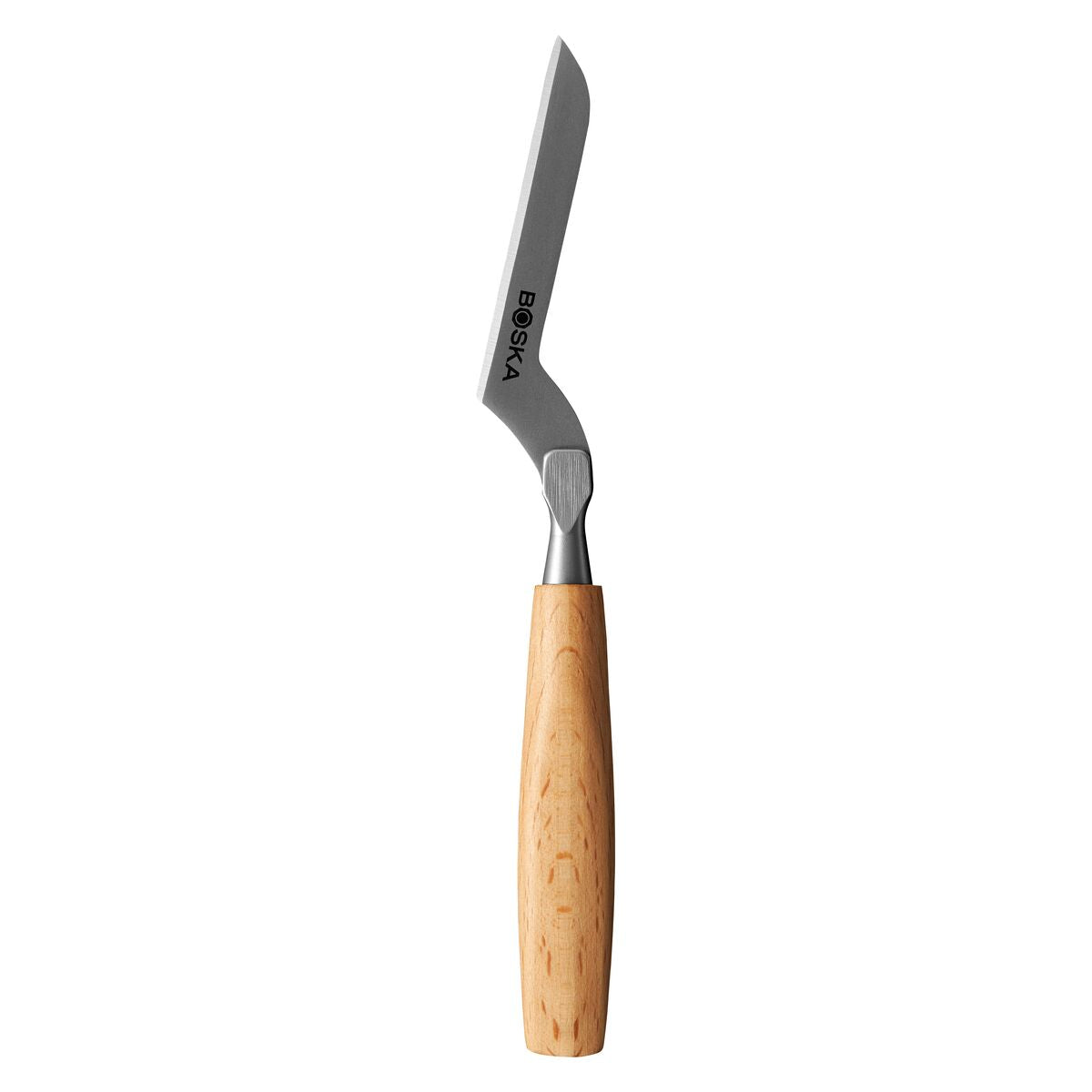 A cheese knife with a wooden handle and a curved silver blade labeled BOSKA.