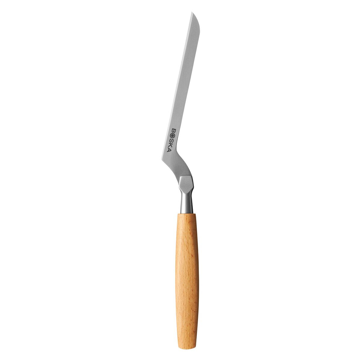 A silver cheese knife with a wooden handle and the BOSKA logo on the blade.