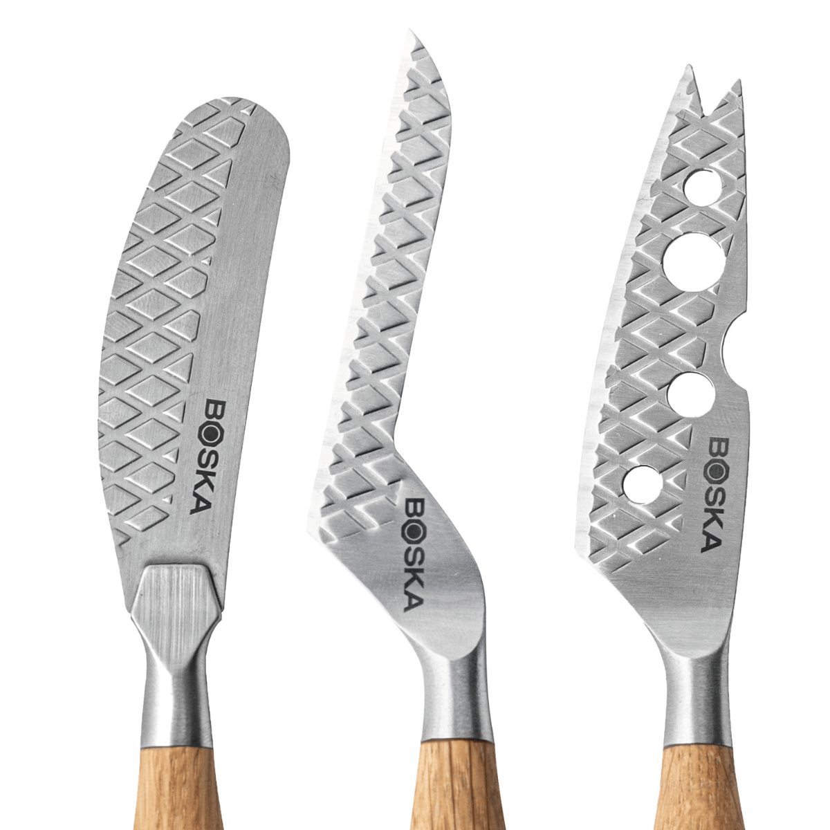 Three cheese knives with wooden handles, diamond pattern, and BOSKA logo.
