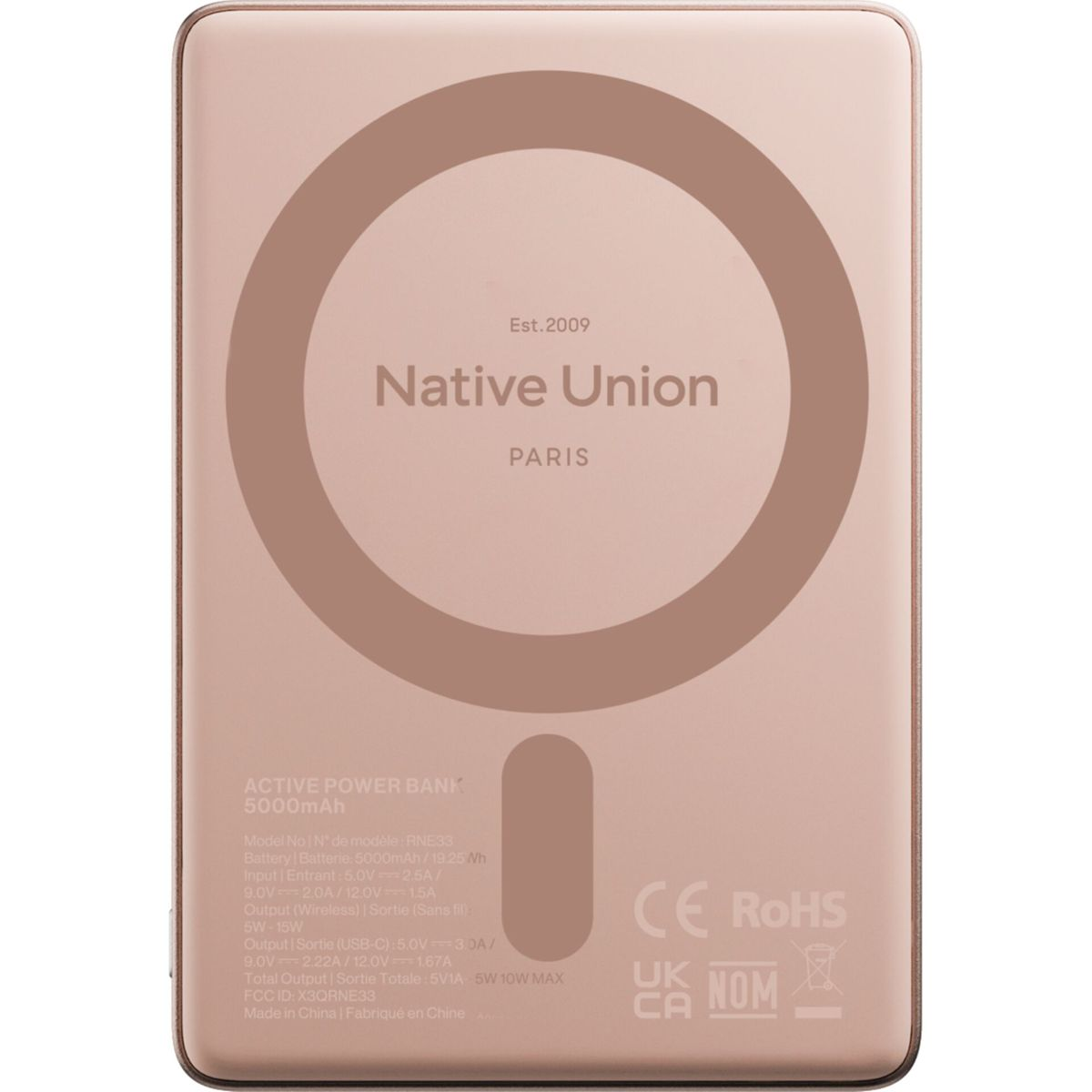 Un power bank color oro rosa con logo Native Union e specifiche tecniche.