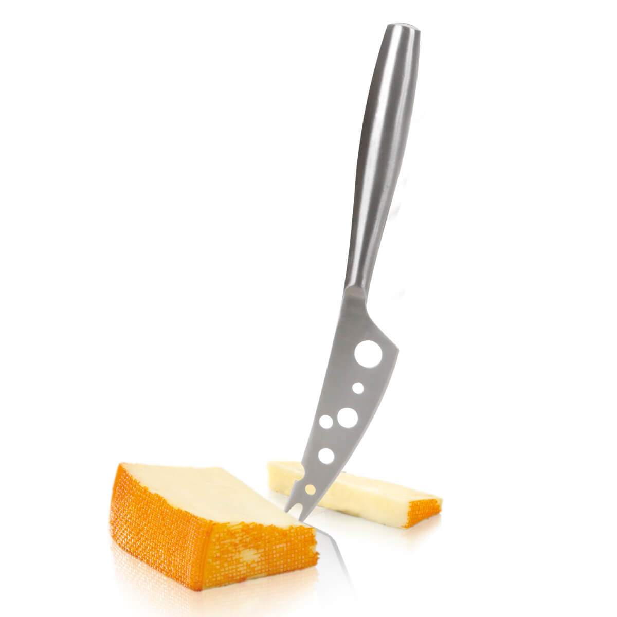 A cheese knife cuts a piece of cheese with an orange rind.