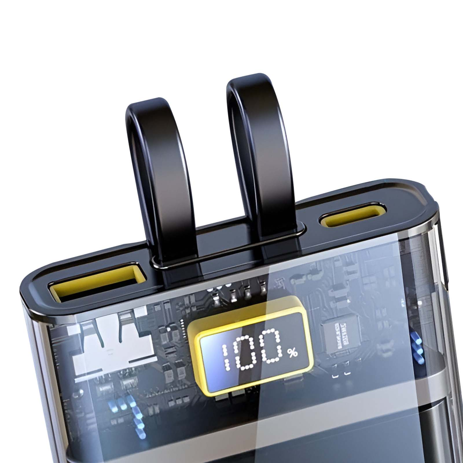 Chargeur transparent avec deux ports USB et indicateur de charge à 100%.