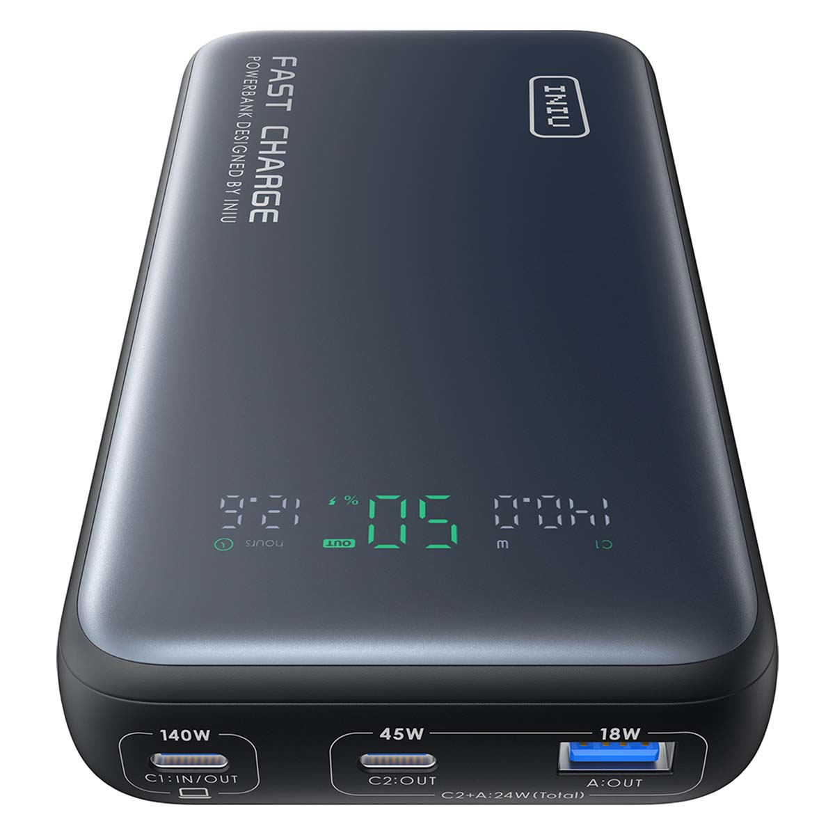 Batterie externe gris foncé avec écran affichant 12,6 heures et 50 % de charge.