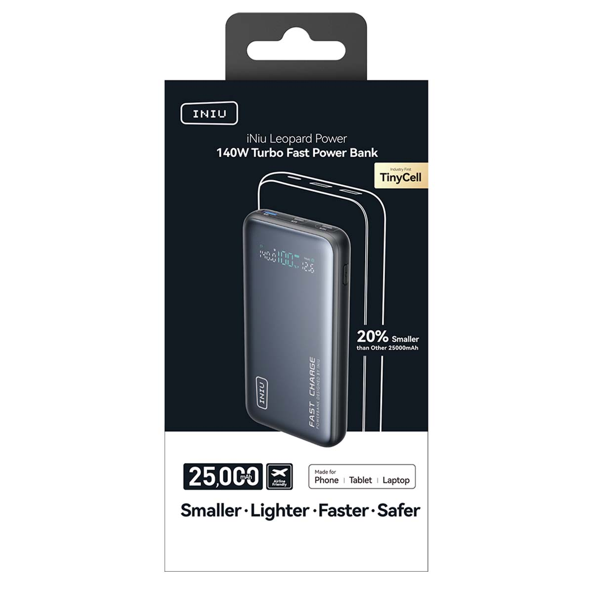 Emballage de power bank INIU 140W avec image de power bank, 25000mAh.