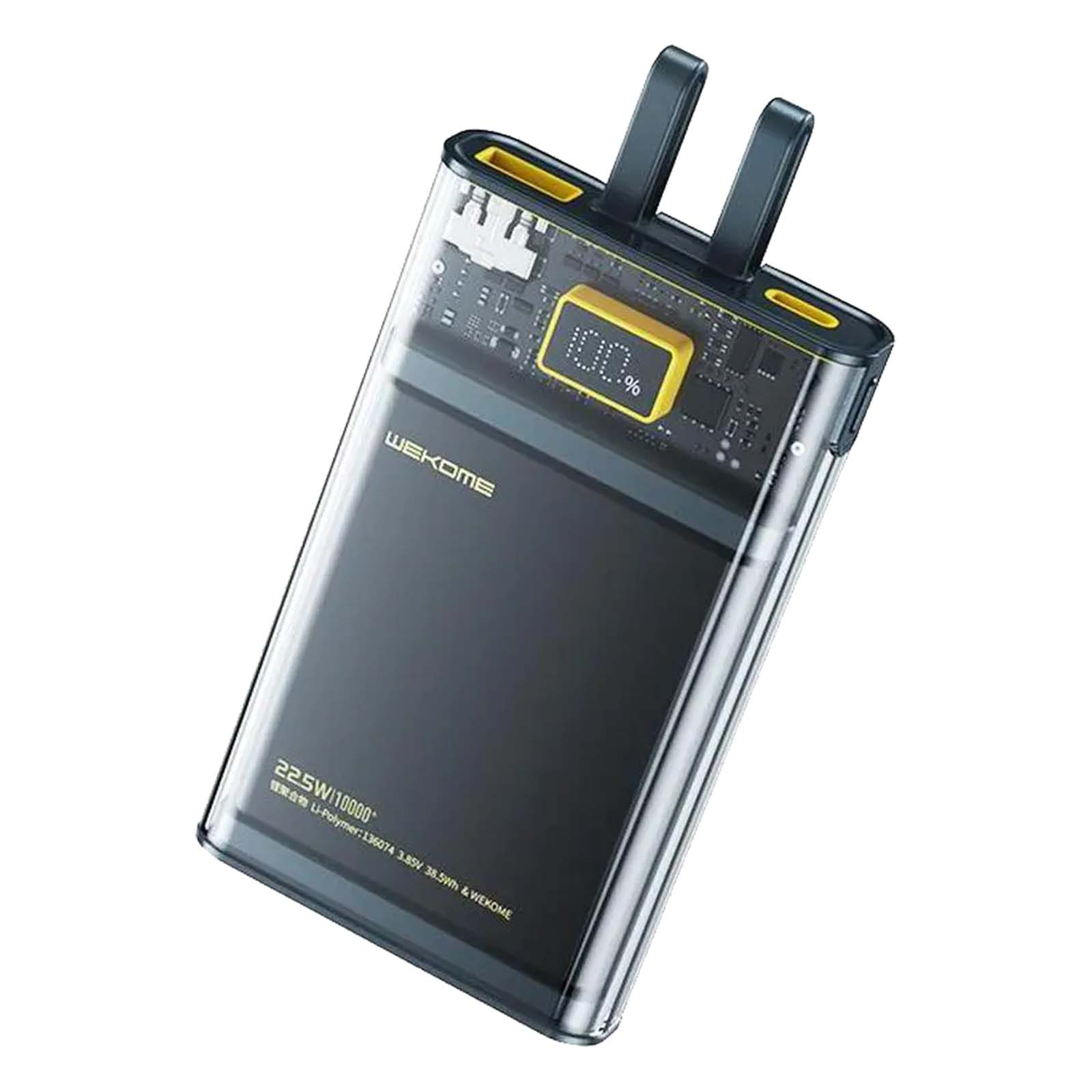 Batería externa transparente con indicador de carga 100% y acentos amarillos.