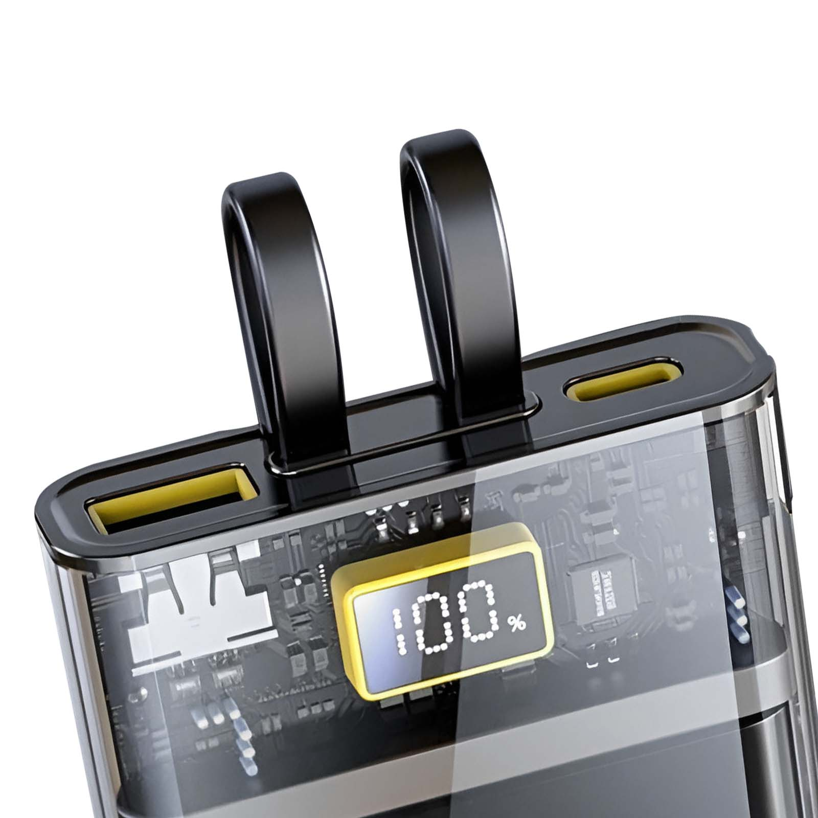 Cargador transparente con 2 puertos USB, 2 clavijas y pantalla del 100%.