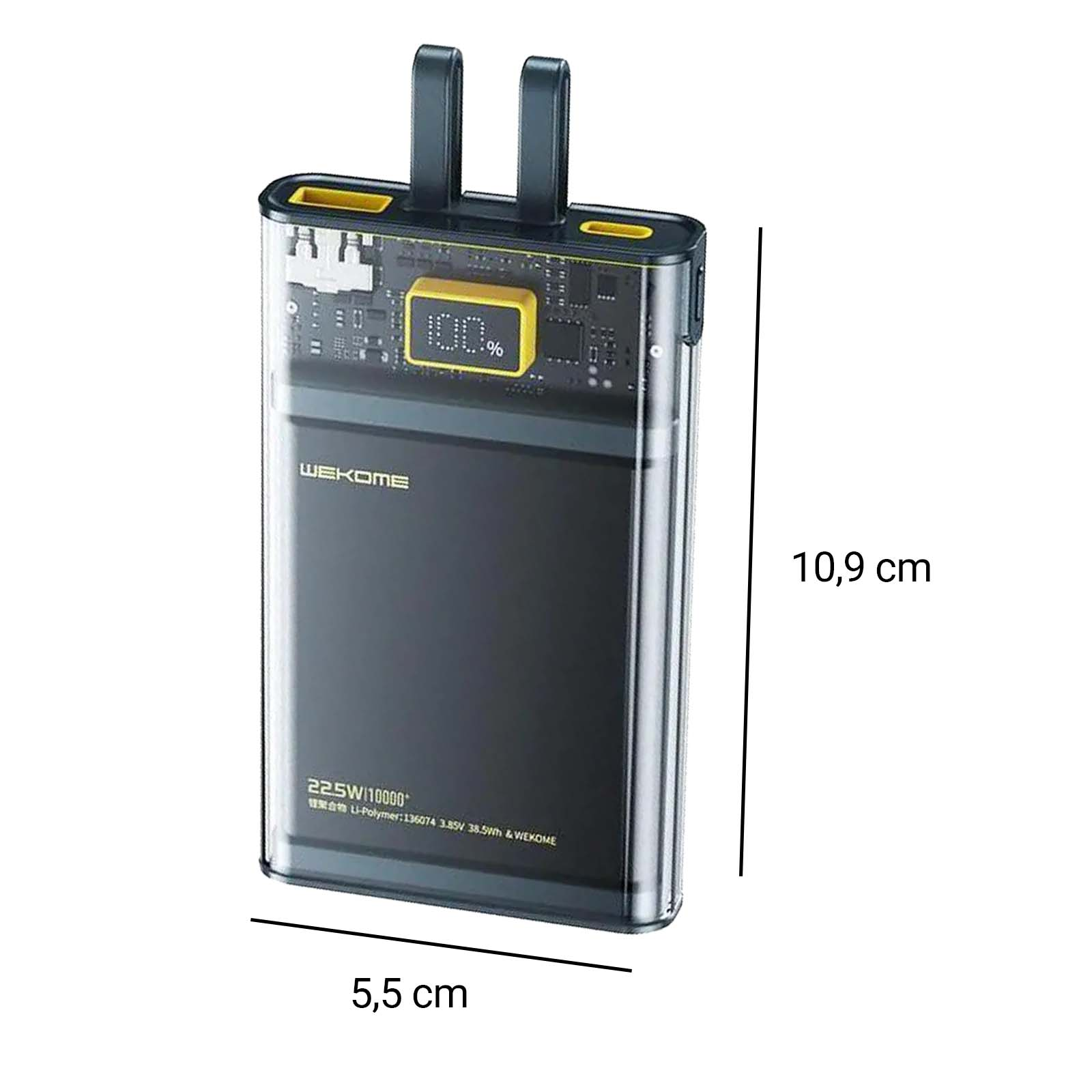 Batería externa transparente con pantalla amarilla (100%) y dos asas negras.