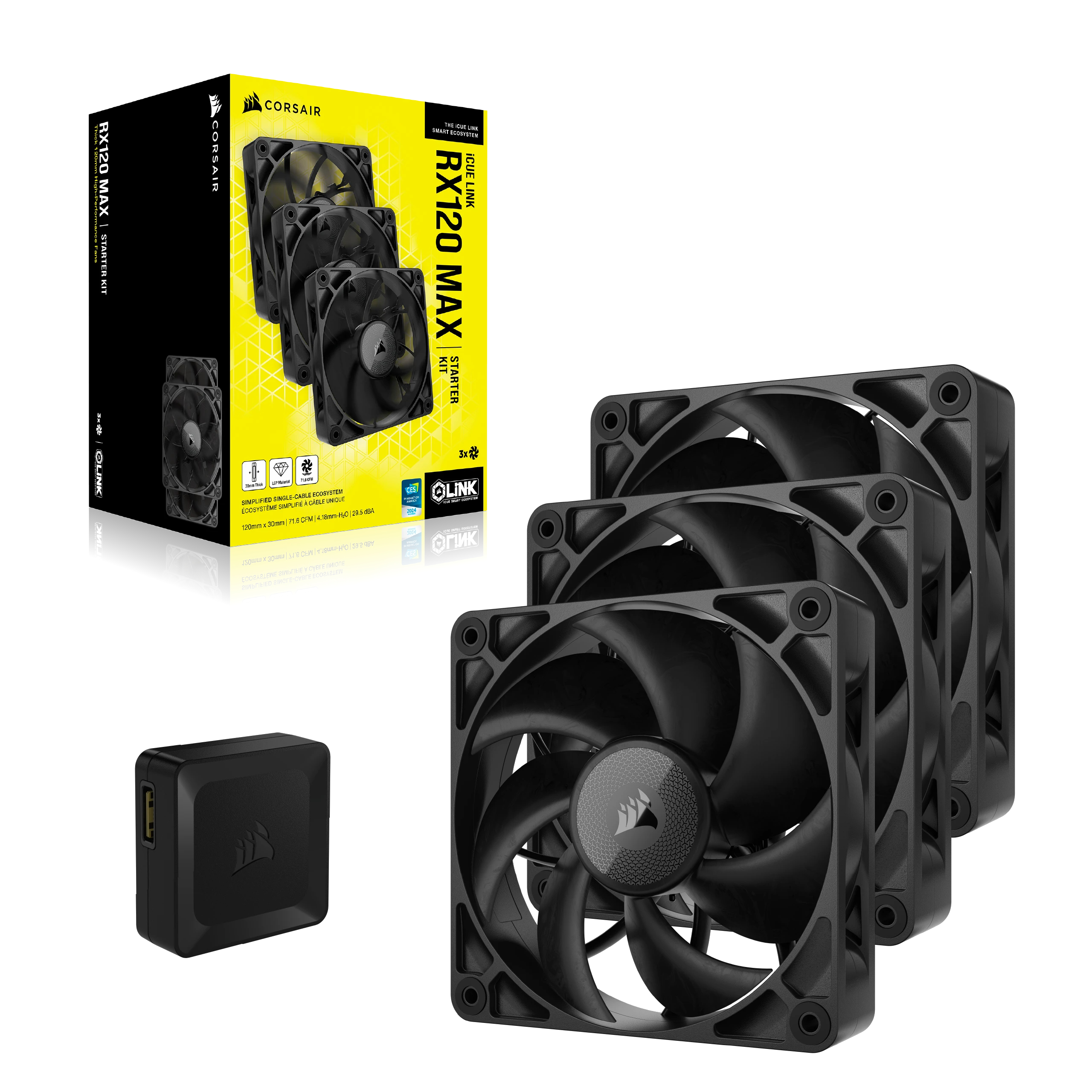 Un kit de démarrage Corsair RX120 MAX avec trois ventilateurs et un hub, sur fond blanc.